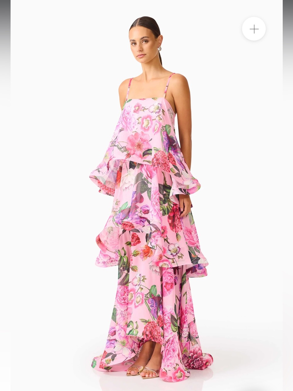 elliatt armani pink floral print tiered ruffle flared maxi gown dress size XL - Picture 4 of 12